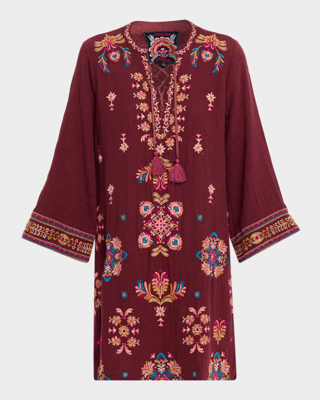 Embroidered Lace-Up Cotton Gauze Dress